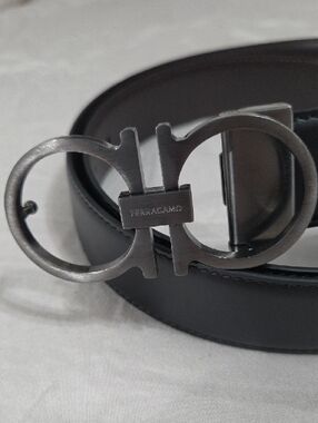 Salvatore Ferragamo Black Brown Leather Belt Matte Silver Double Gancini Buckle